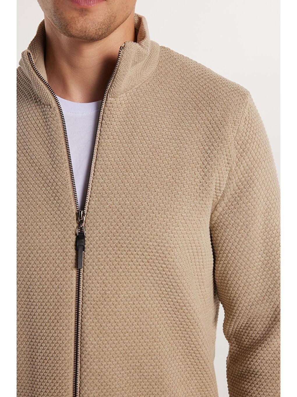 Erkek Standart Fit Normal Kesim Desenli Yarım Balıkçı Yaka Fermuarlı Bej Hırka-2