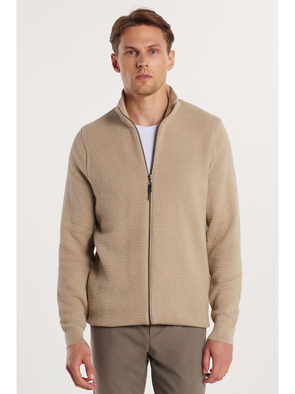 Erkek Standart Fit Normal Kesim Desenli Yarım Balıkçı Yaka Fermuarlı Bej Hırka-3