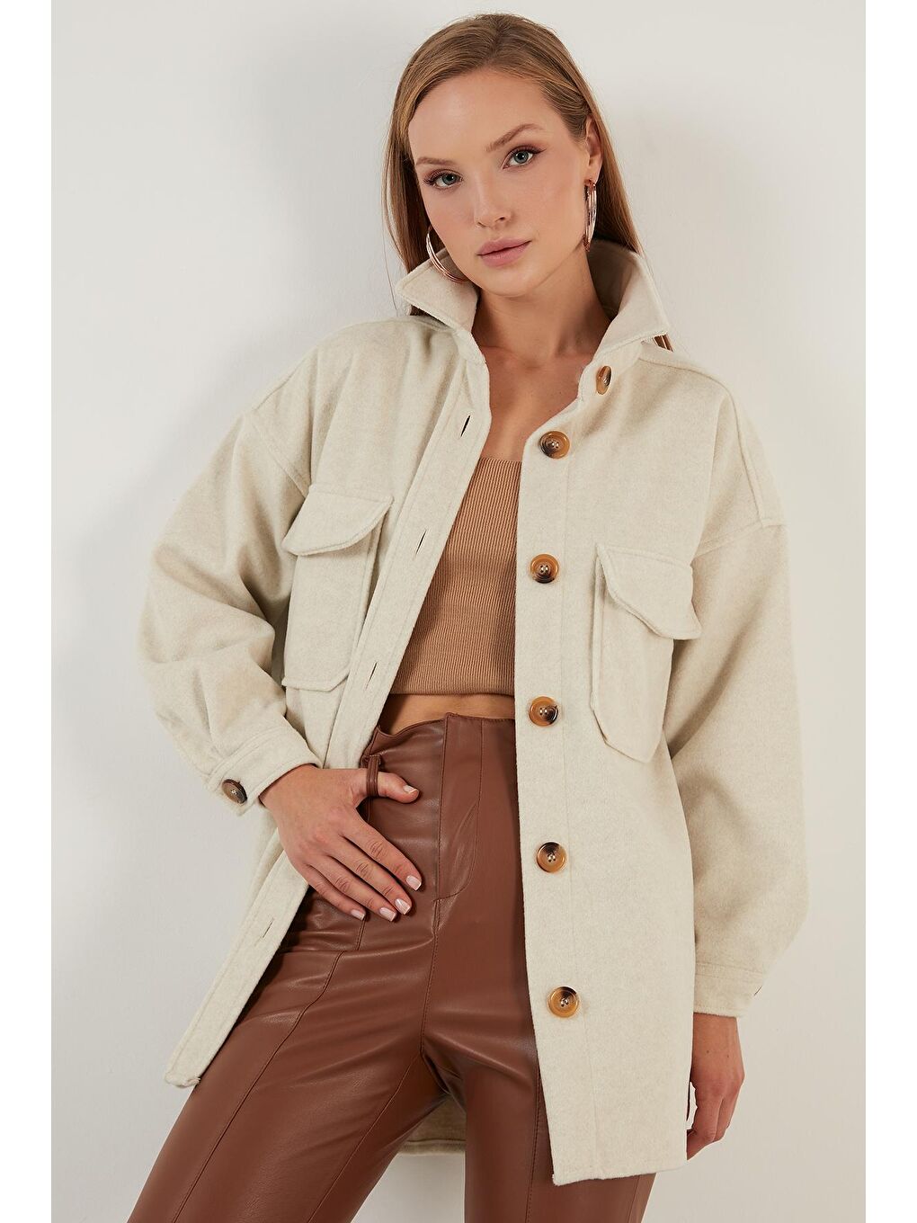 Kahverengi Cepli Oversize Kışlık Gömlek Ceket 42190456