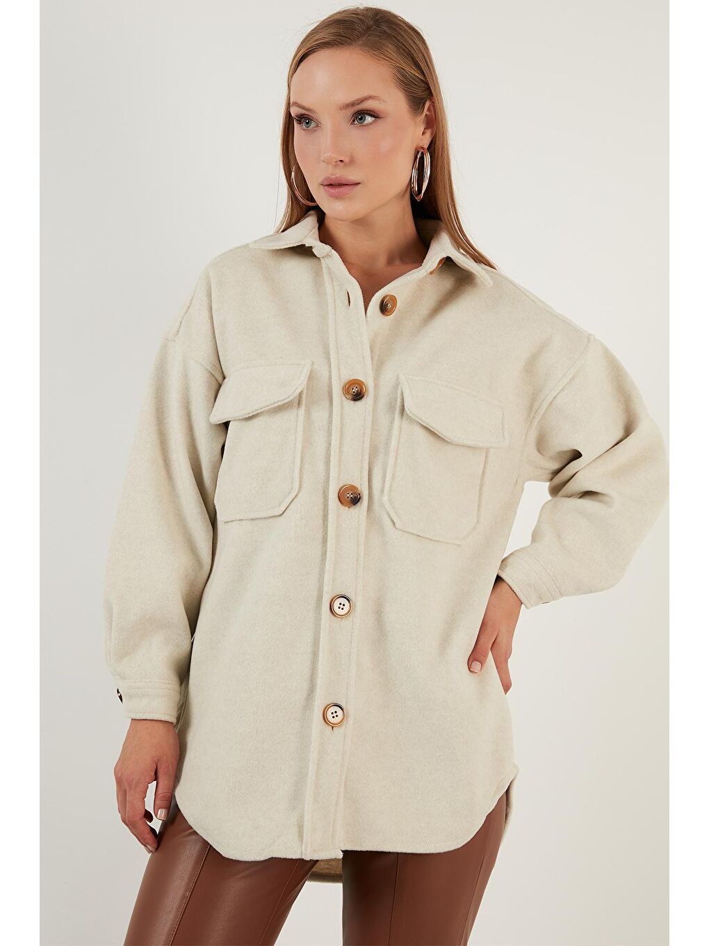 Kahverengi Cepli Oversize Kışlık Gömlek Ceket 42190456-1