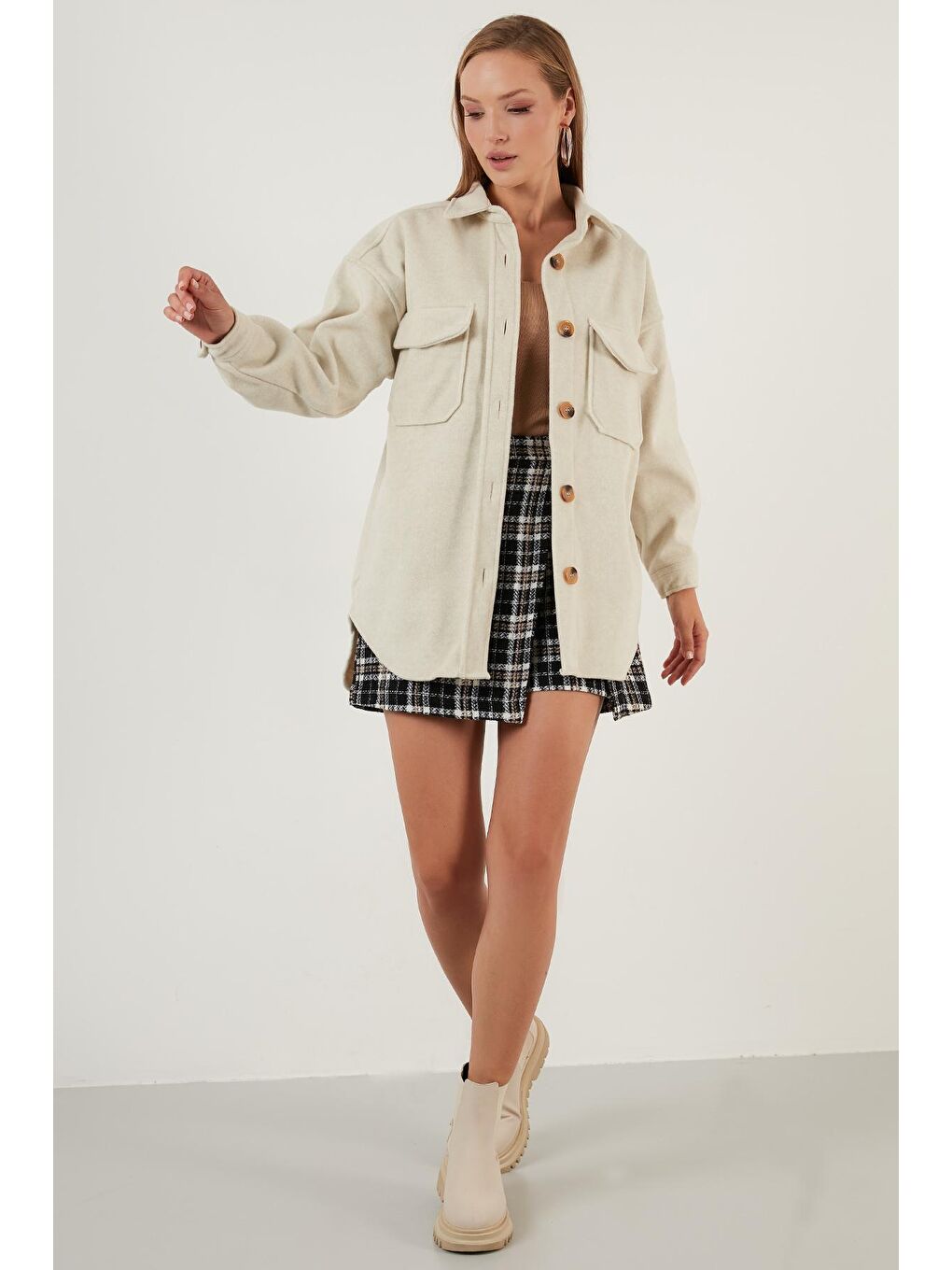 Kahverengi Cepli Oversize Kışlık Gömlek Ceket 42190456-2