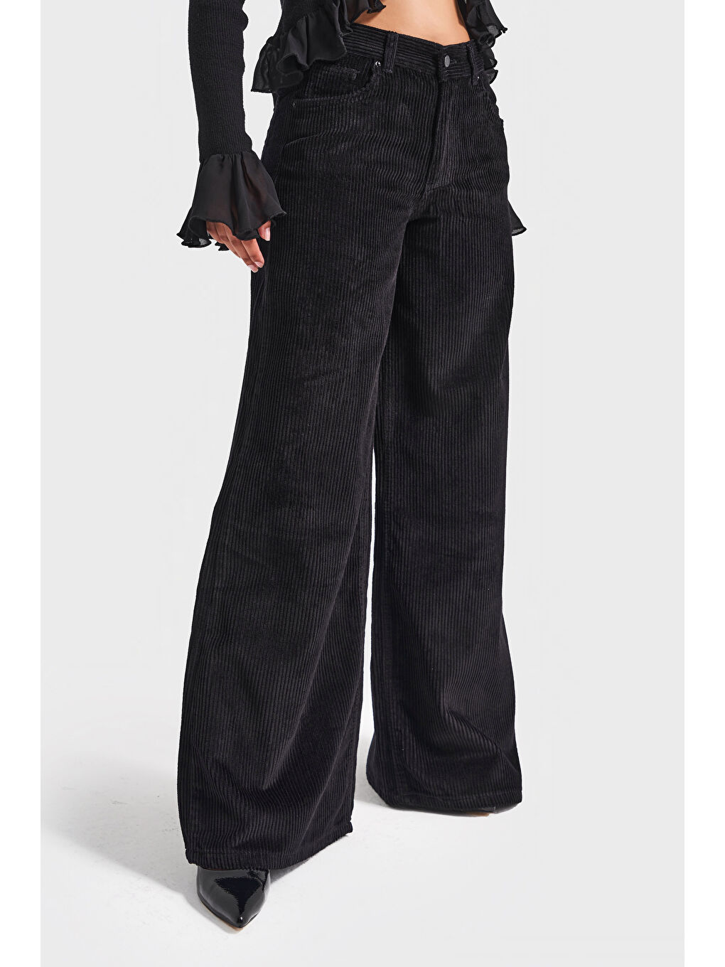 Kadın Siyah Renk Hera 26w41 Palazzo Fit Fitilli Kadife Pantolon-1