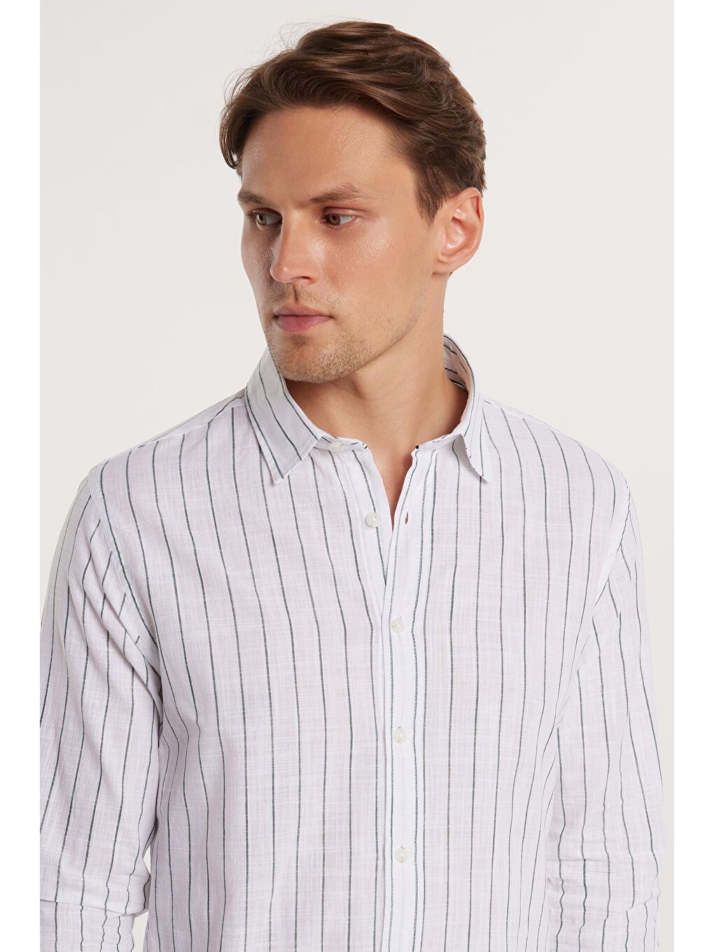 Karışık Erkek Slim Fit Dar Kesim Uzun Kollu %100 Pamuk Keten Doku Çizgili Gömlek-2