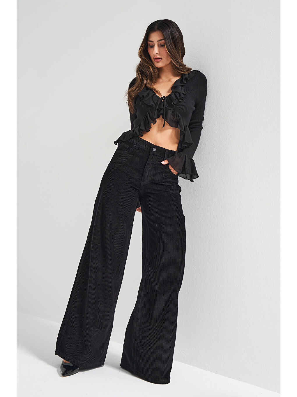 Kadın Siyah Renk Hera 26w41 Palazzo Fit Fitilli Kadife Pantolon-2