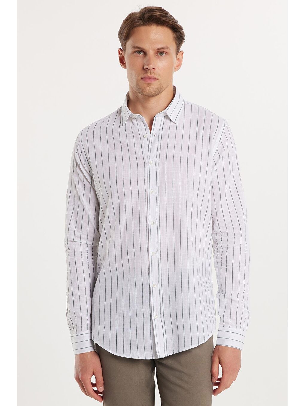 Karışık Erkek Slim Fit Dar Kesim Uzun Kollu %100 Pamuk Keten Doku Çizgili Gömlek-3