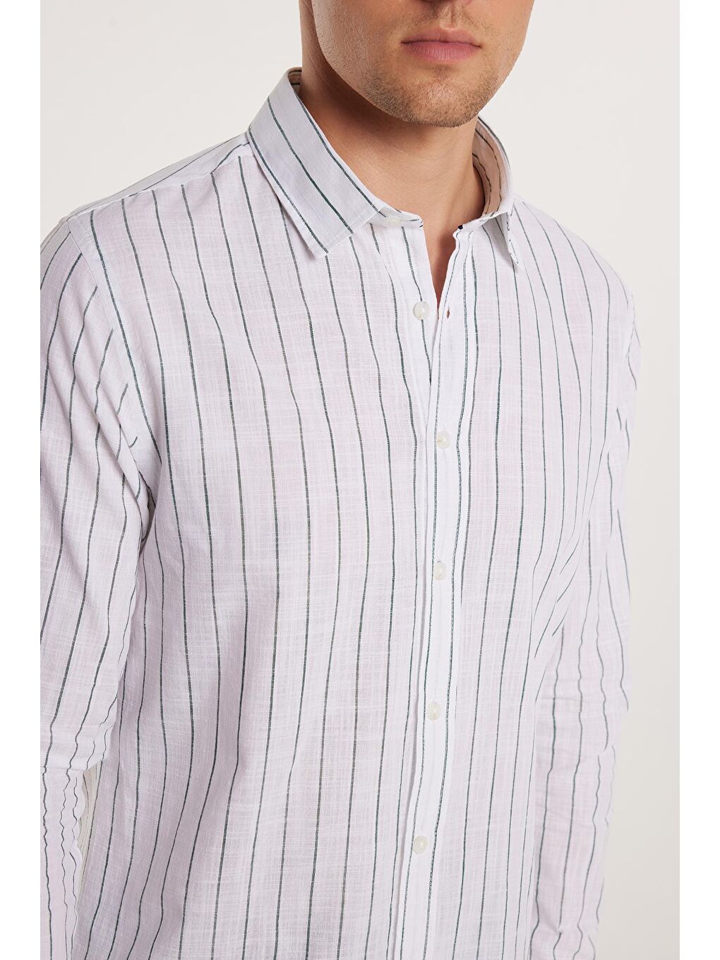 Karışık Erkek Slim Fit Dar Kesim Uzun Kollu %100 Pamuk Keten Doku Çizgili Gömlek-4