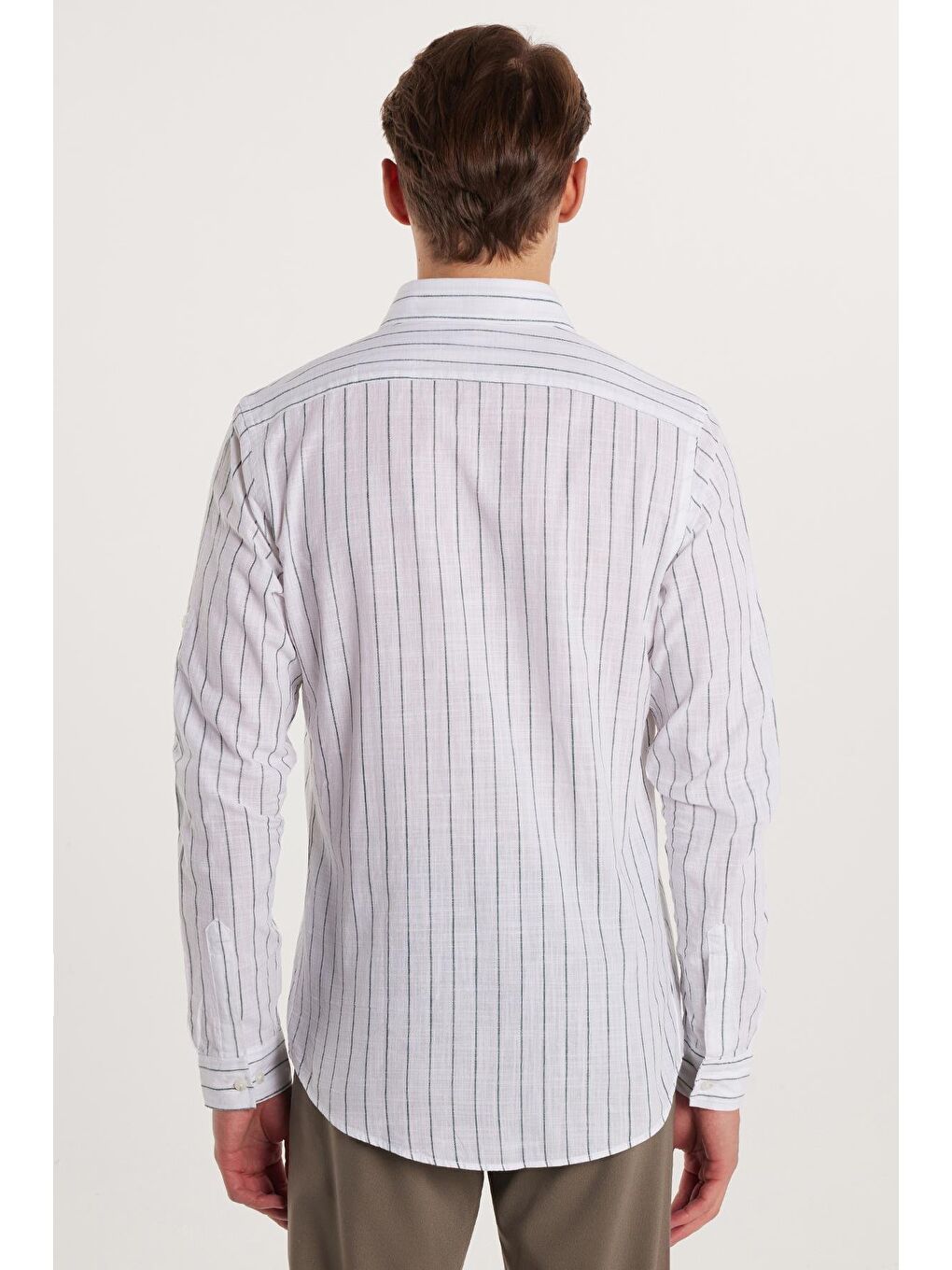 Karışık Erkek Slim Fit Dar Kesim Uzun Kollu %100 Pamuk Keten Doku Çizgili Gömlek-5