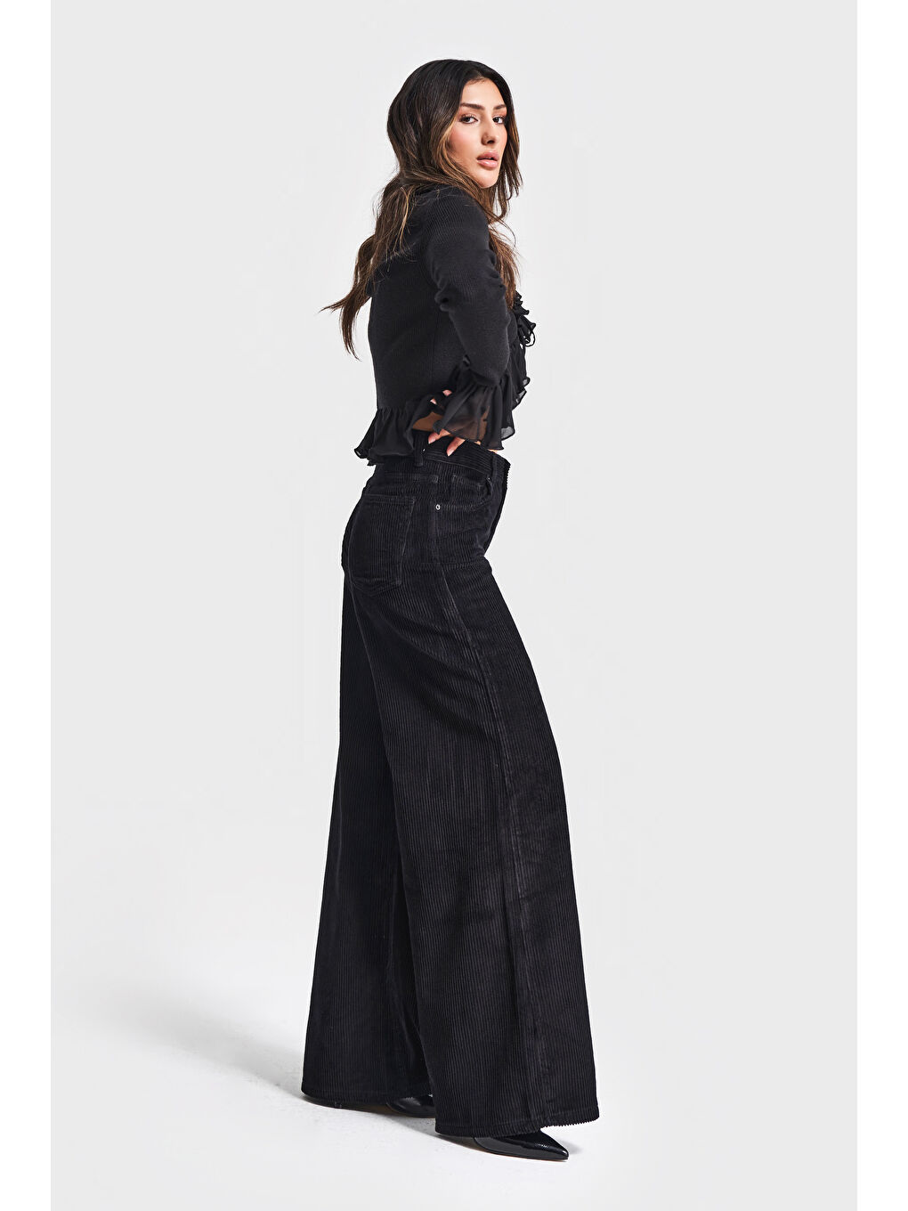 Kadın Siyah Renk Hera 26w41 Palazzo Fit Fitilli Kadife Pantolon-3