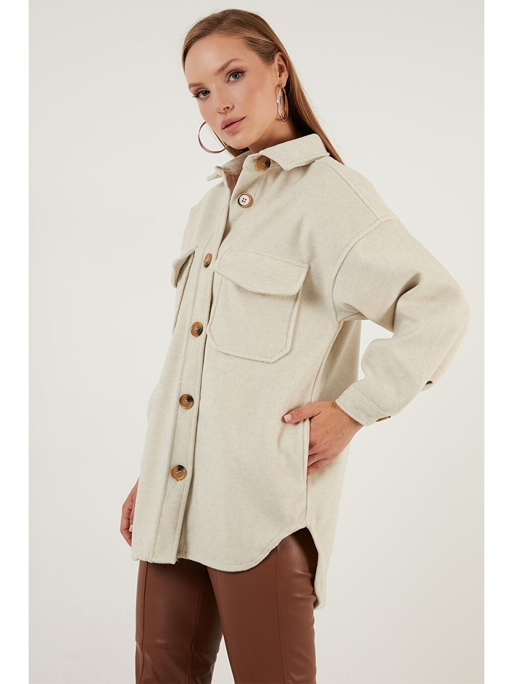 Kahverengi Cepli Oversize Kışlık Gömlek Ceket 42190456-4