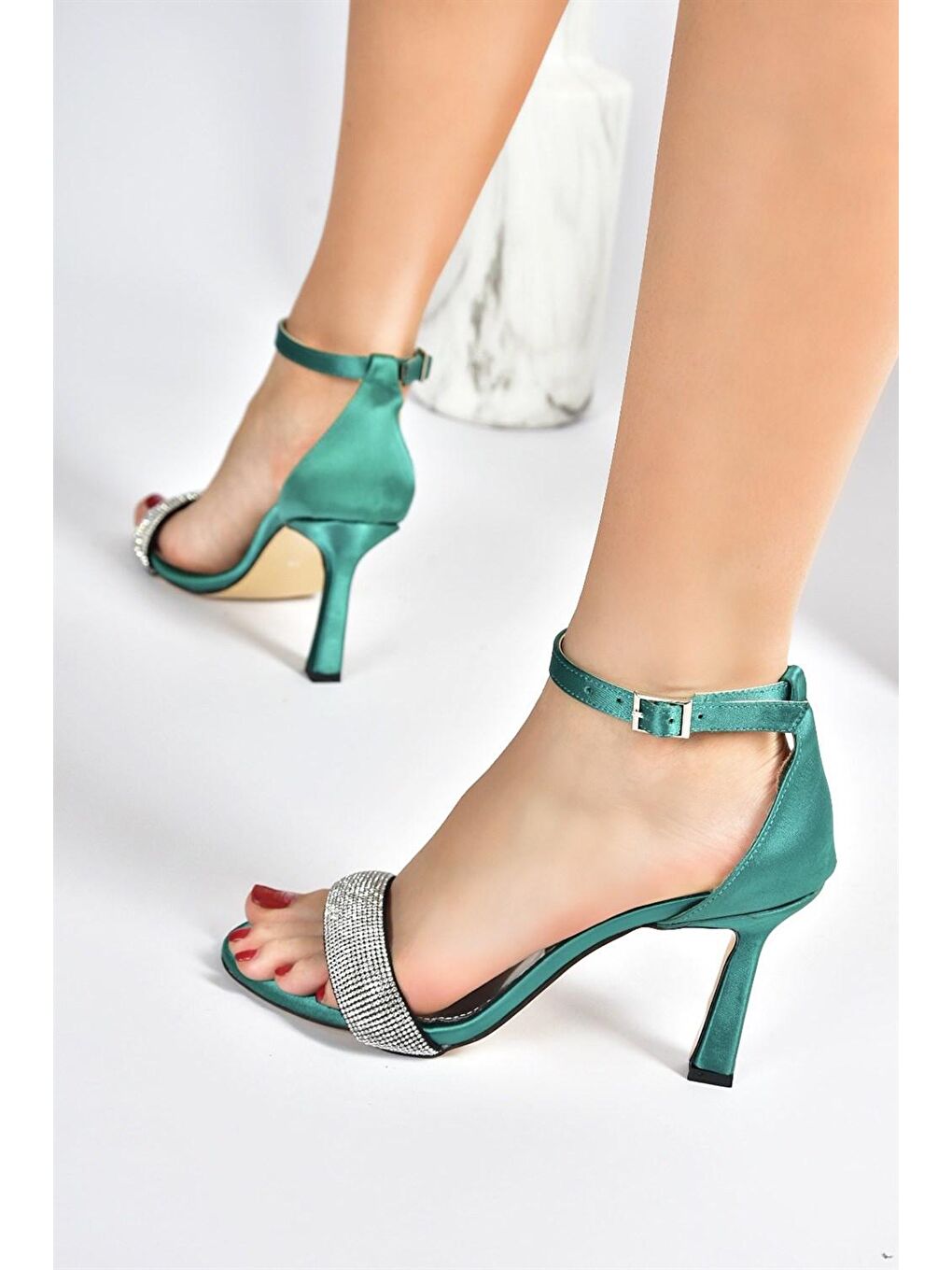 Yeşil Saten Kumaş Kadın Abiye Ayakkabı M572160704-1