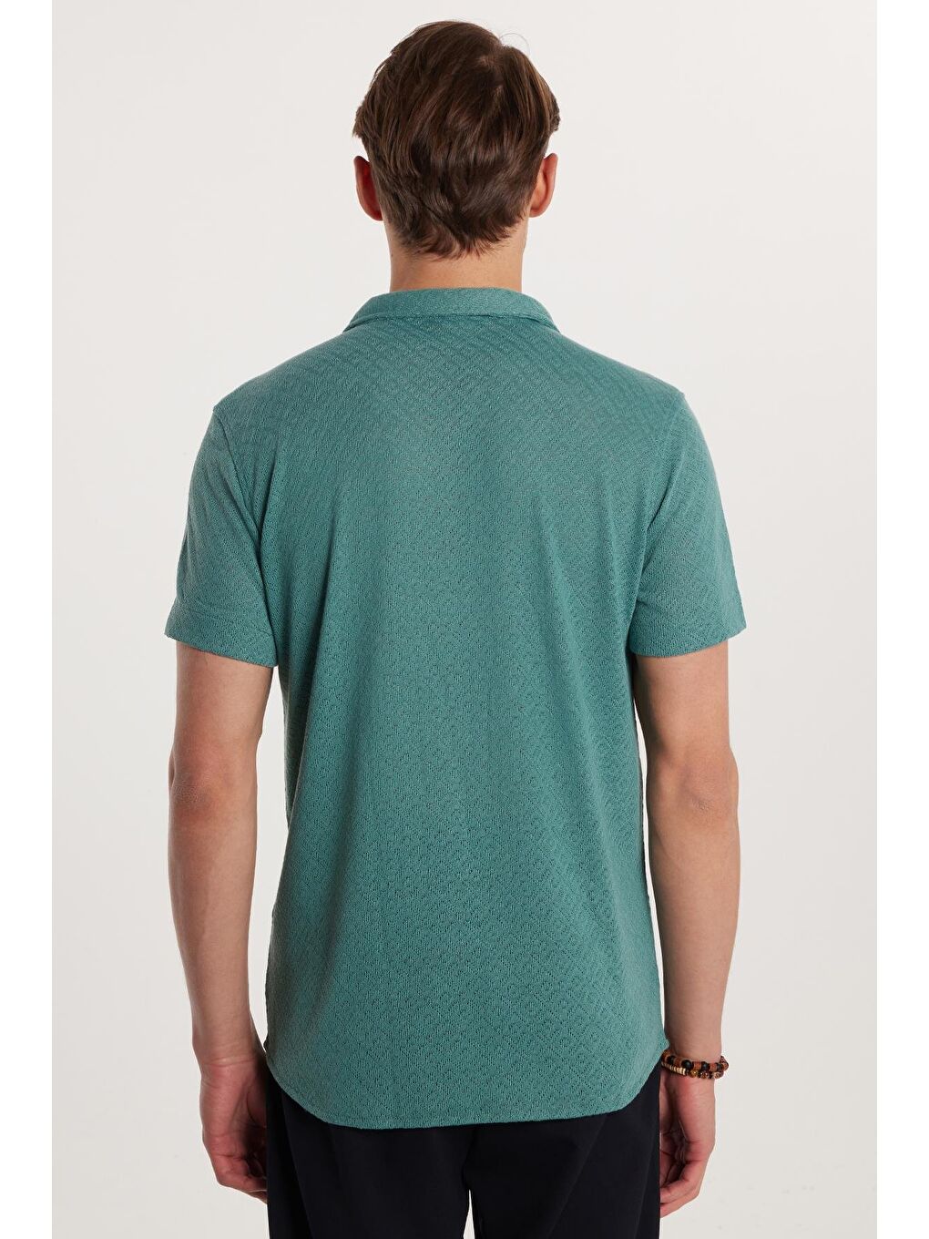 TUDORS Erkek Slim Fit Dar Kesim Kısa Kollu Örme Doku Apaş Yaka Yeşil Gömlek - 4