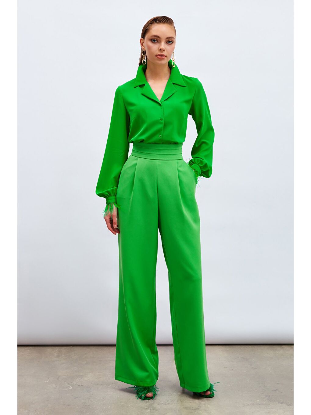 Tüy Detaylı Salaş Gömlek - Yeşil-2