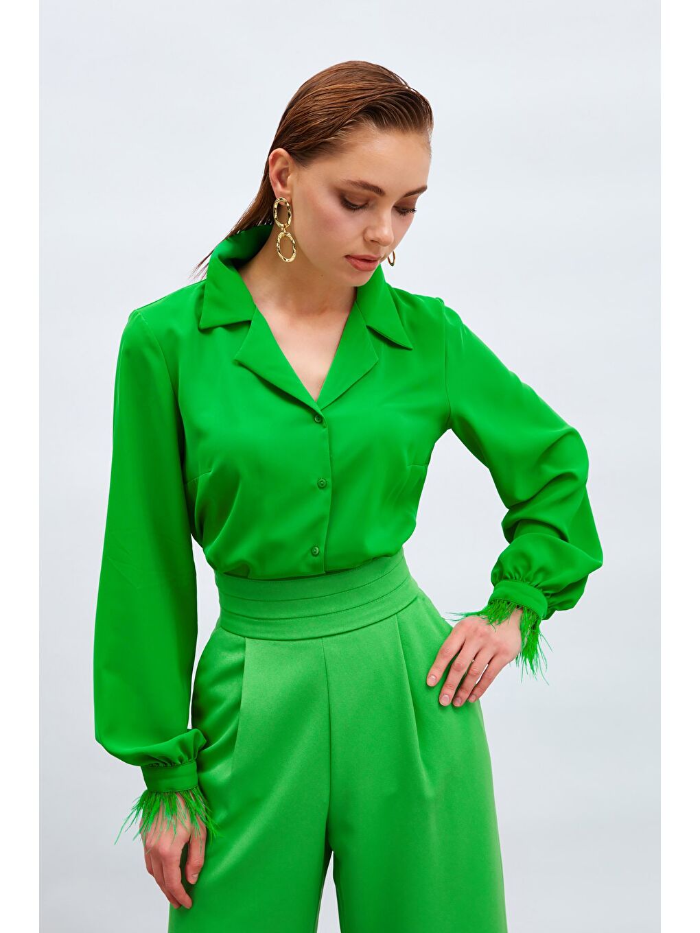 Tüy Detaylı Salaş Gömlek - Yeşil-3