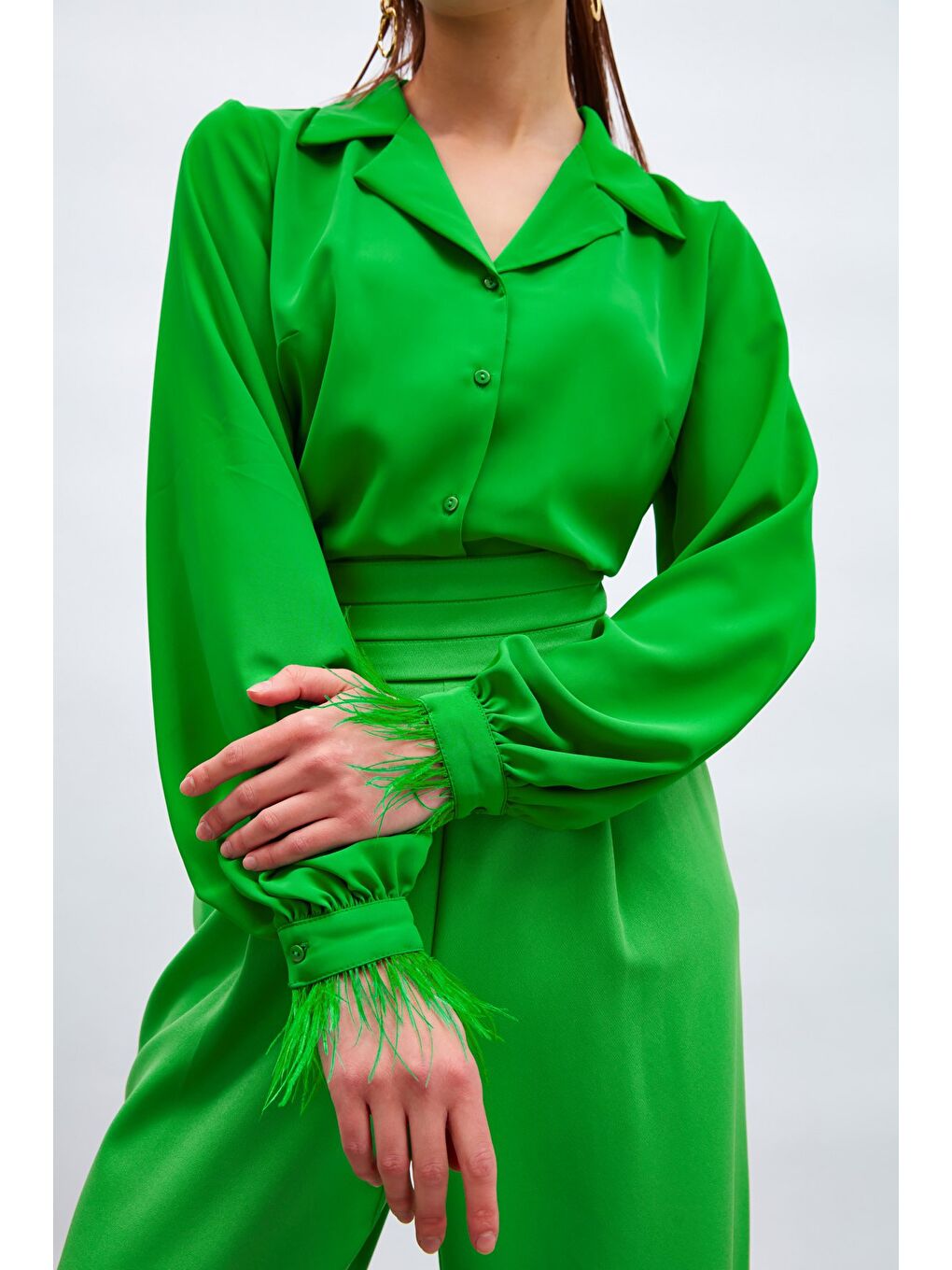 Tüy Detaylı Salaş Gömlek - Yeşil-4