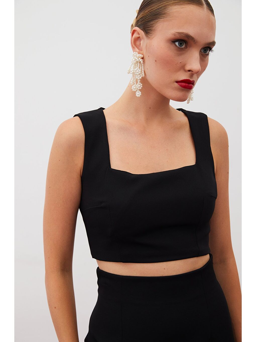 Kare Yaka Crop Bluz - Siyah-1