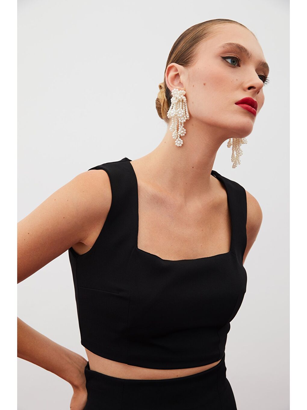 Kare Yaka Crop Bluz - Siyah-2