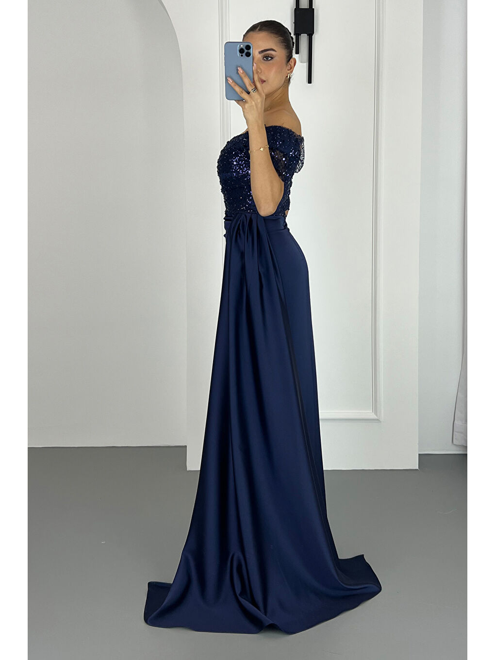 Kadın Lacivert Kayık Yaka Pul Payet Uzun Abiye Elbise-2