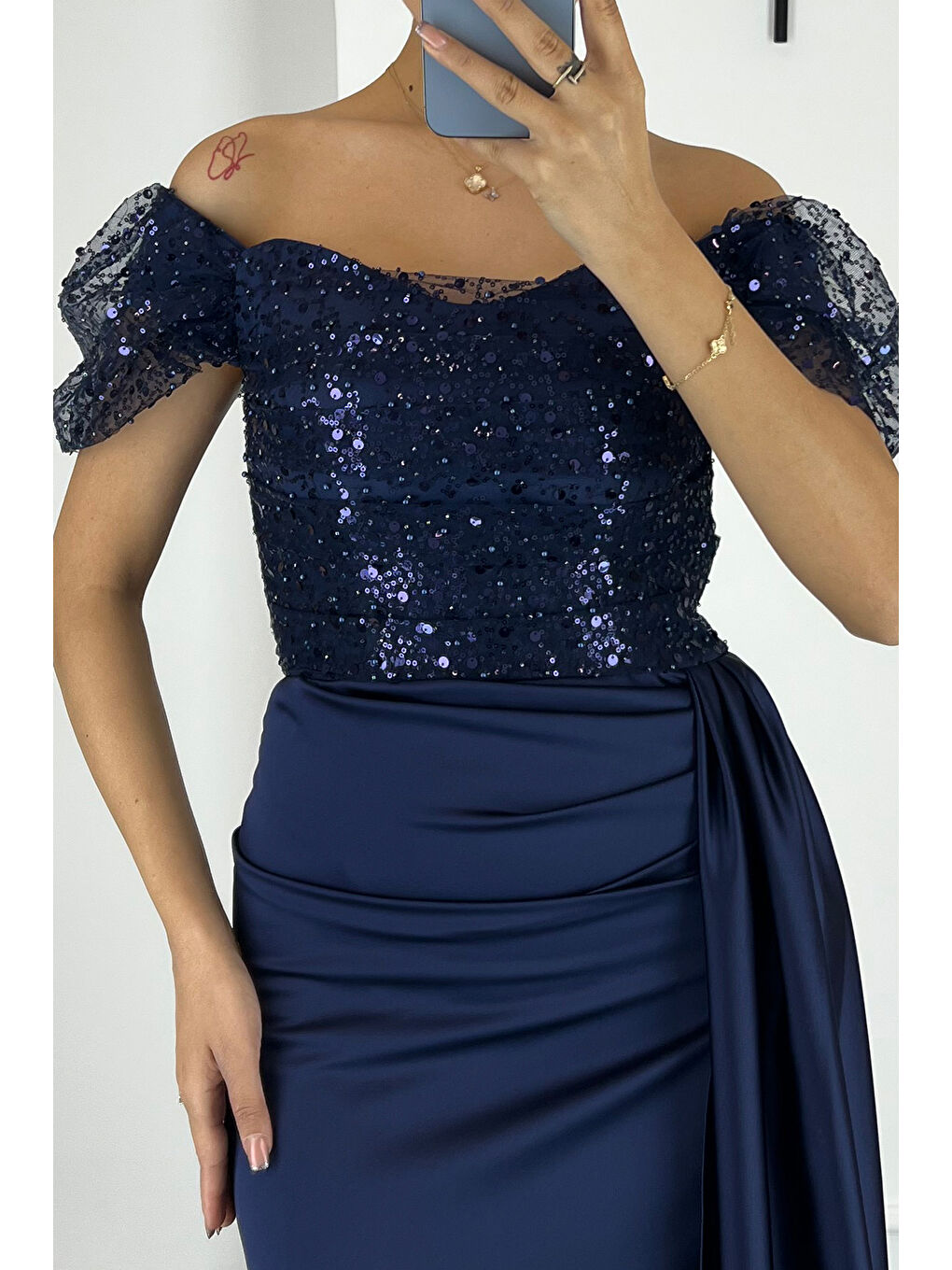 Kadın Lacivert Kayık Yaka Pul Payet Uzun Abiye Elbise-3