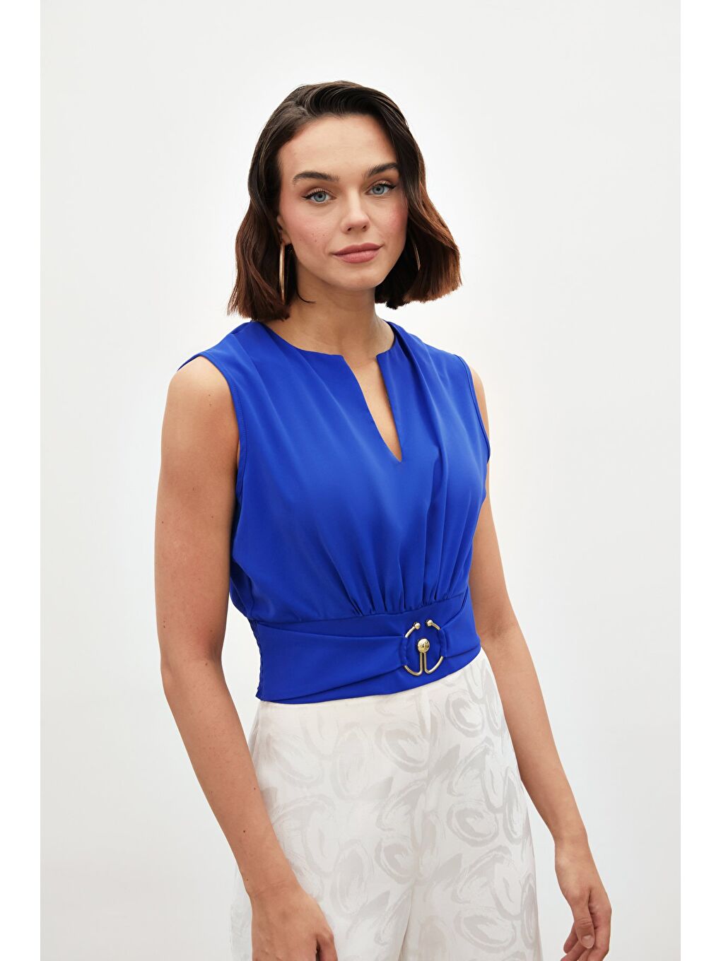 Toka Detaylı Kolsuz Bluz - Sax Mavi-1