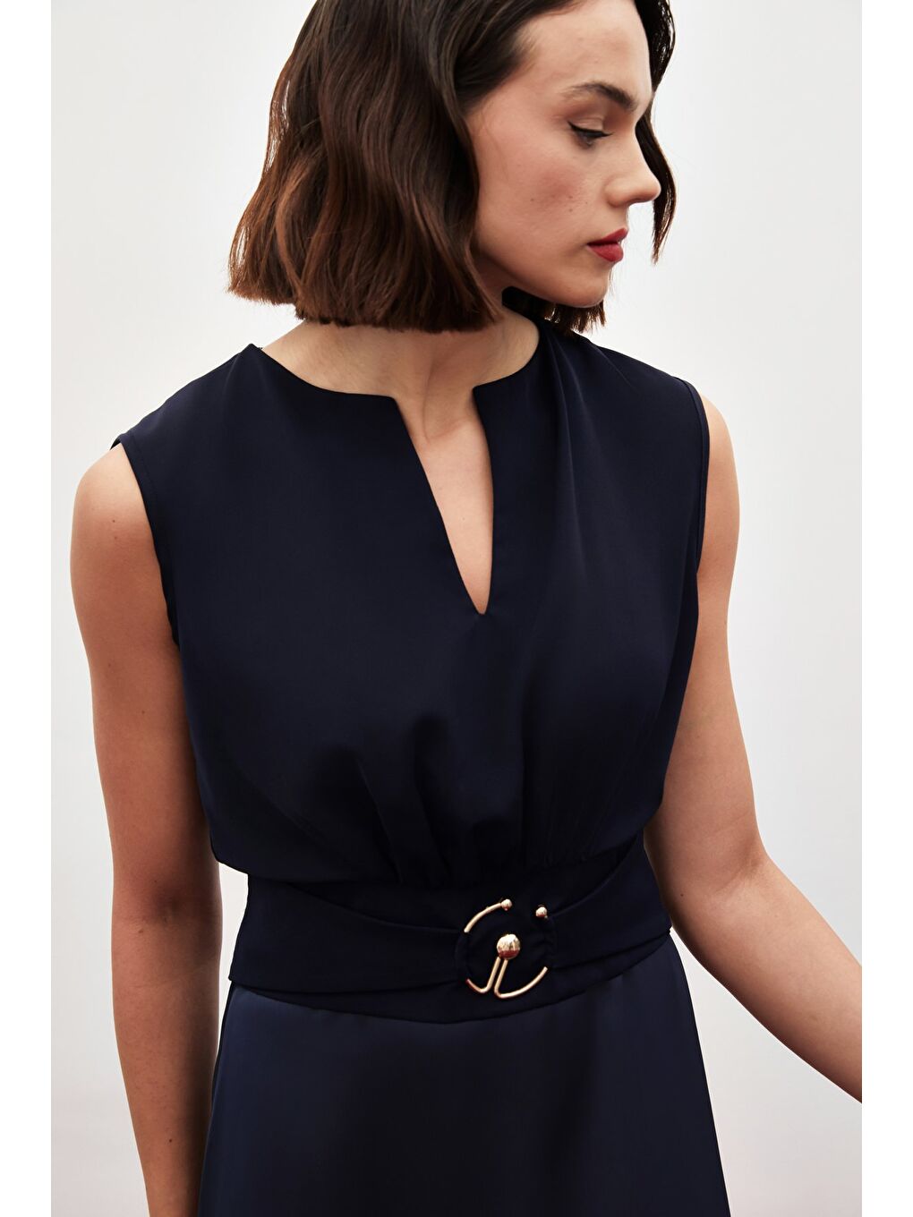 Toka Detaylı Kolsuz Bluz - Lacivert-3