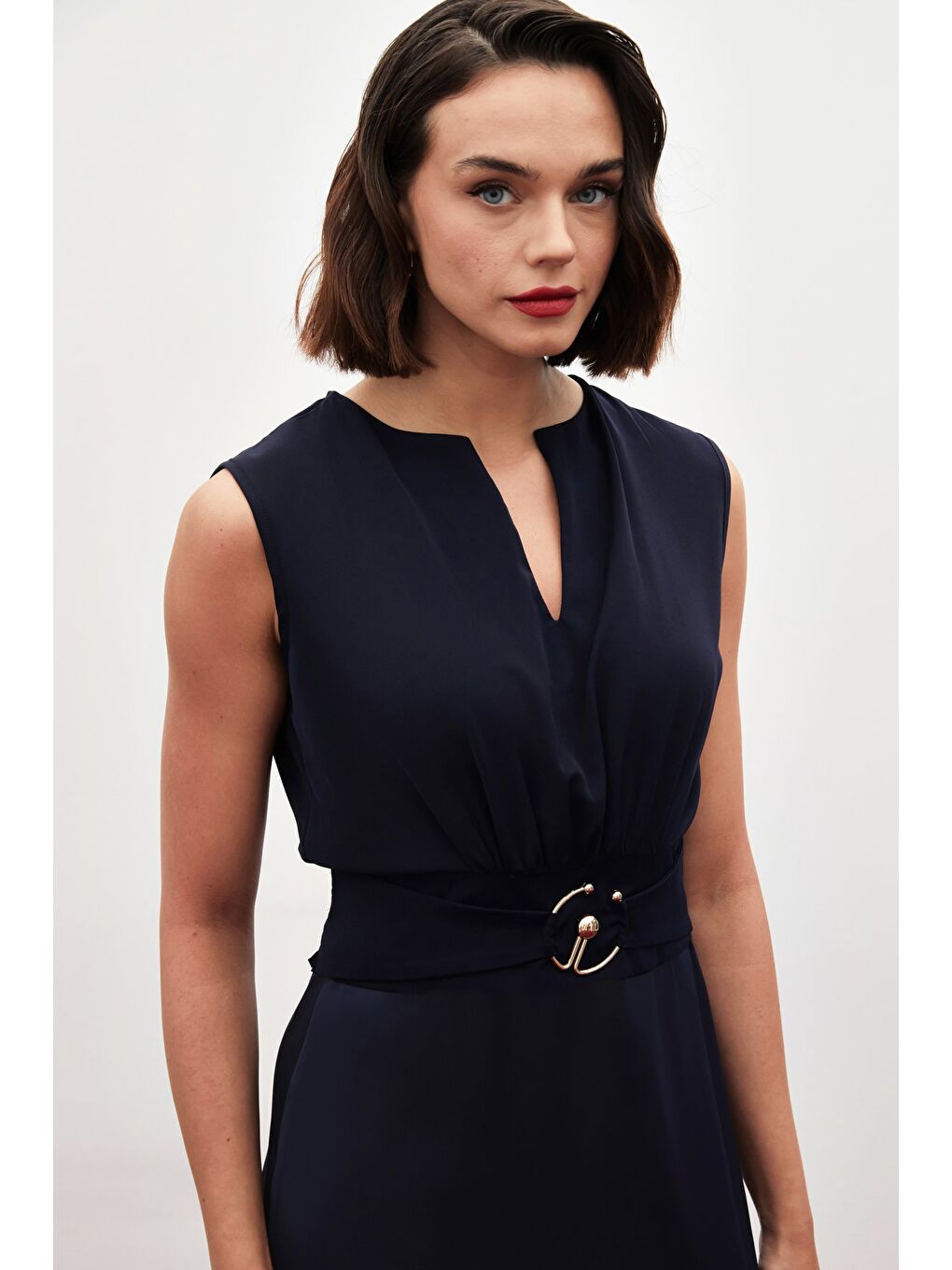 Toka Detaylı Kolsuz Bluz - Lacivert-4