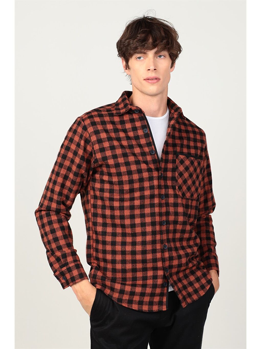 Kahverengi Erkek Regular Fit Klasik Kesim Kışlık Oduncu Dama Desen Tek Cepli Kiremit Gömlek-1