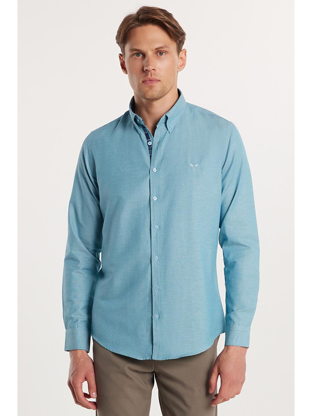 Erkek Slim Fit Dar Kesim Uzun Kollu Pamuklu Oxford Doku Petrol Renk Düğmeli Yaka Gömlek