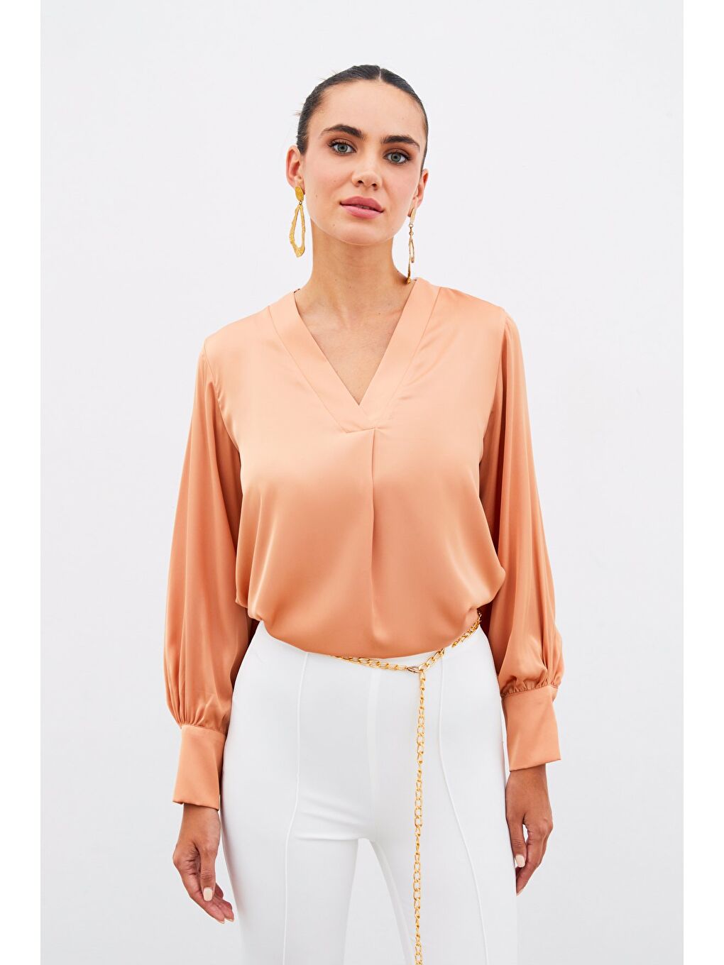 LCW Casual Pembe V Yaka Saten Bluz - Somon
