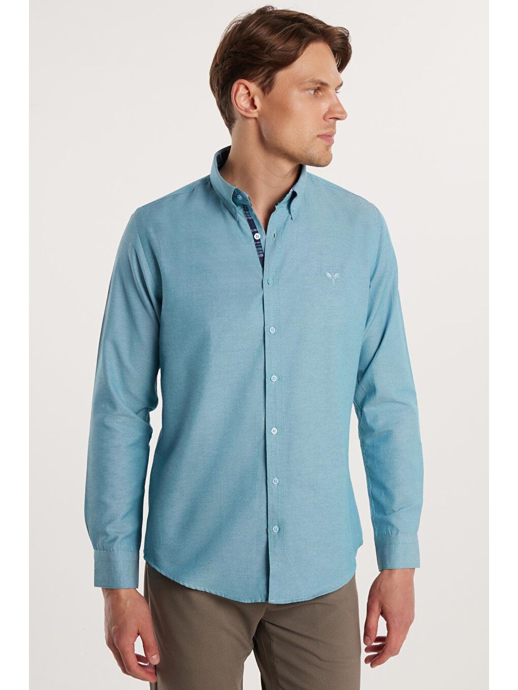 Erkek Slim Fit Dar Kesim Uzun Kollu Pamuklu Oxford Doku Petrol Renk Düğmeli Yaka Gömlek-3