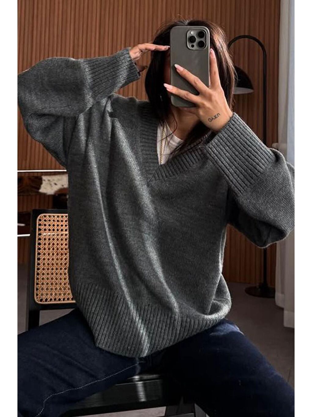 Antrasit V Yaka Oversize Kadın Triko Kazak Mg2149-1