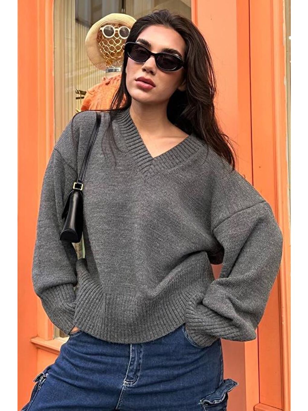 Antrasit V Yaka Oversize Kadın Triko Kazak Mg2149-2