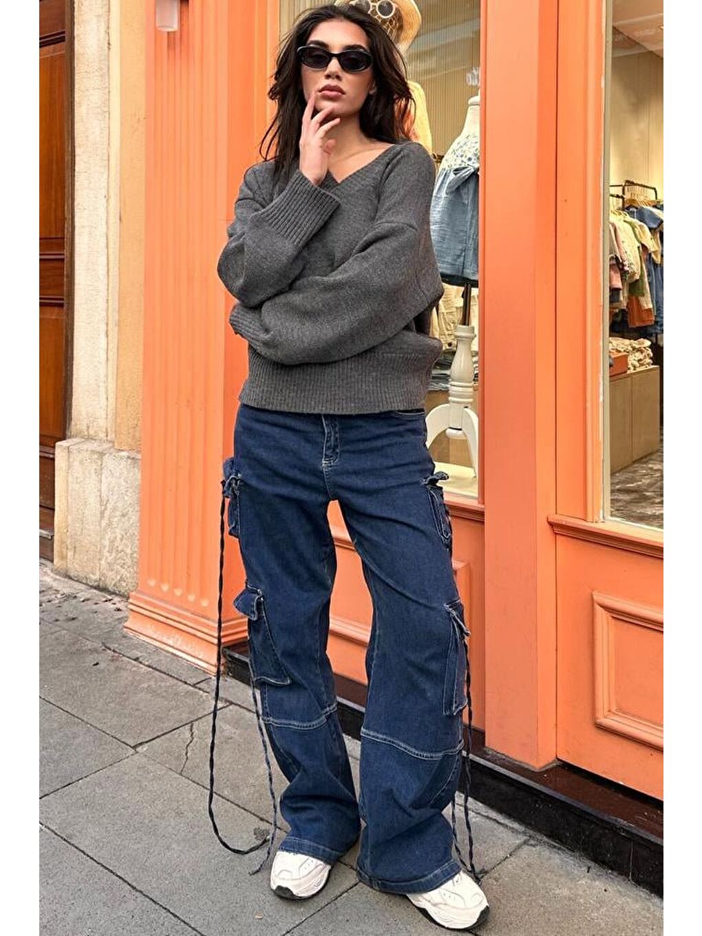 Antrasit V Yaka Oversize Kadın Triko Kazak Mg2149-3