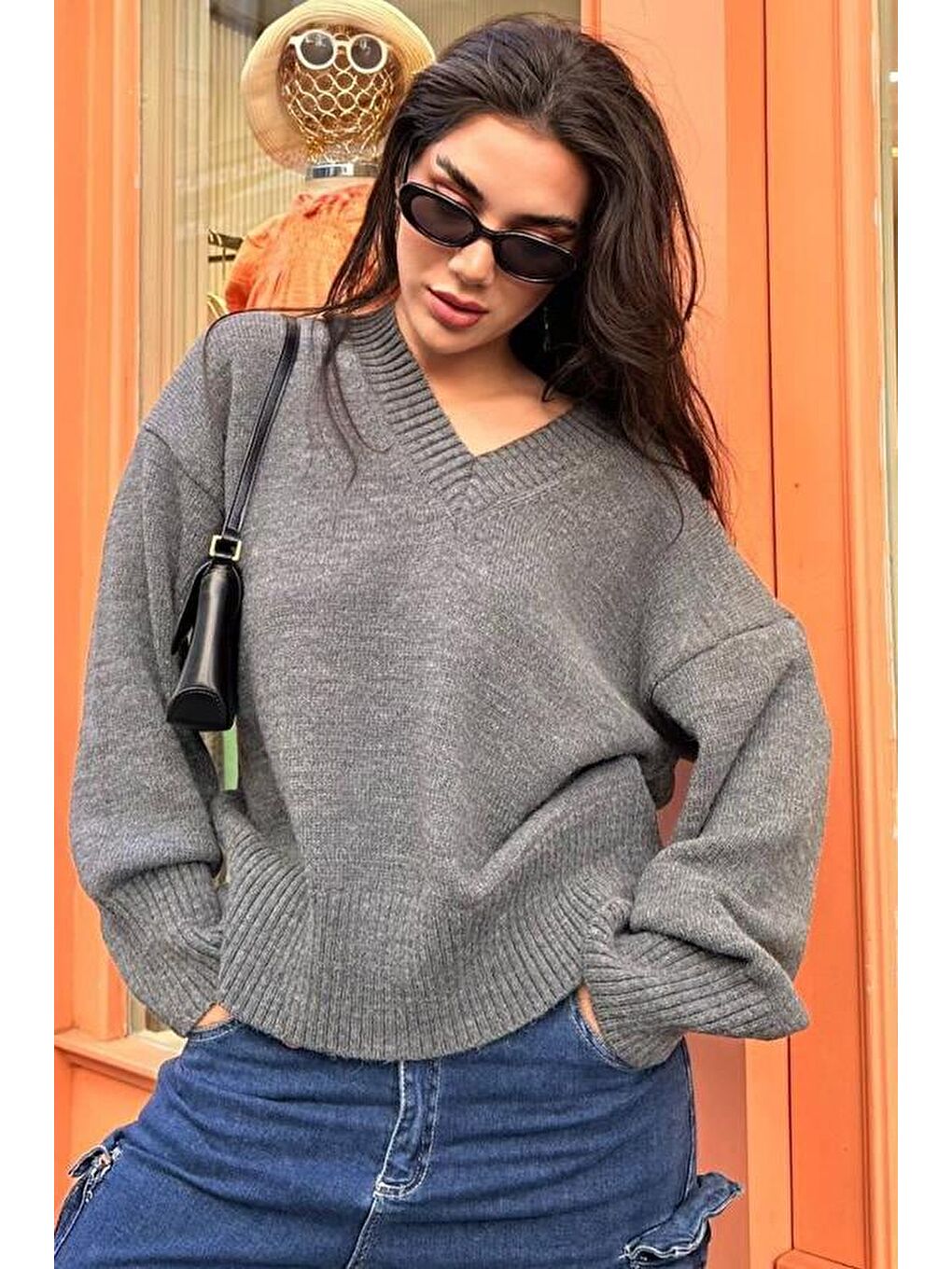 Antrasit V Yaka Oversize Kadın Triko Kazak Mg2149-4