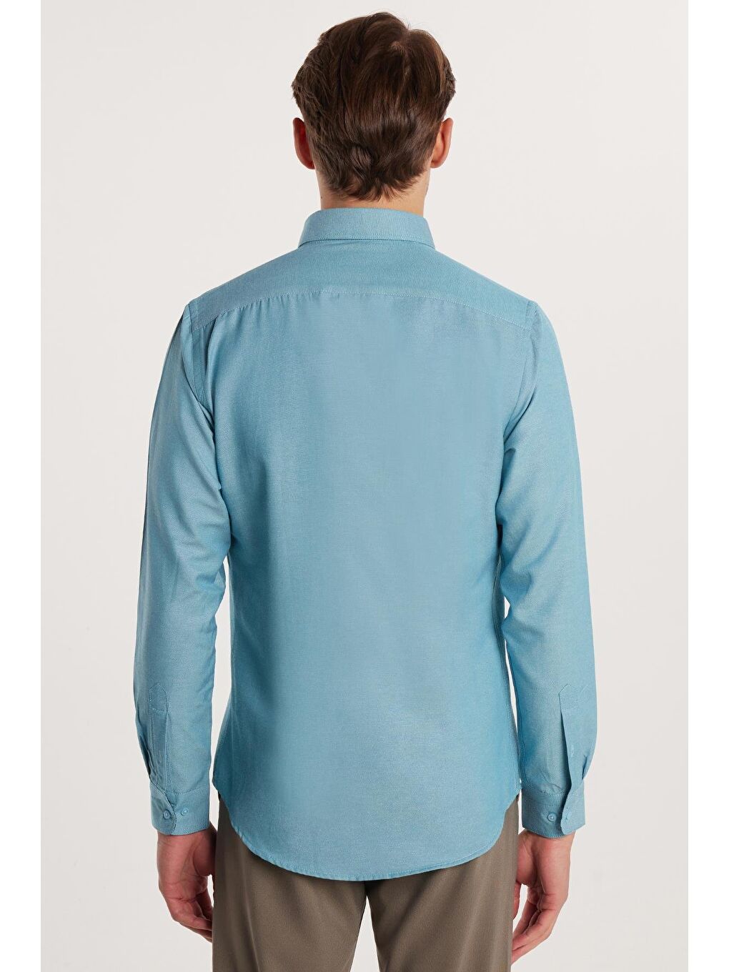 Erkek Slim Fit Dar Kesim Uzun Kollu Pamuklu Oxford Doku Petrol Renk Düğmeli Yaka Gömlek-4