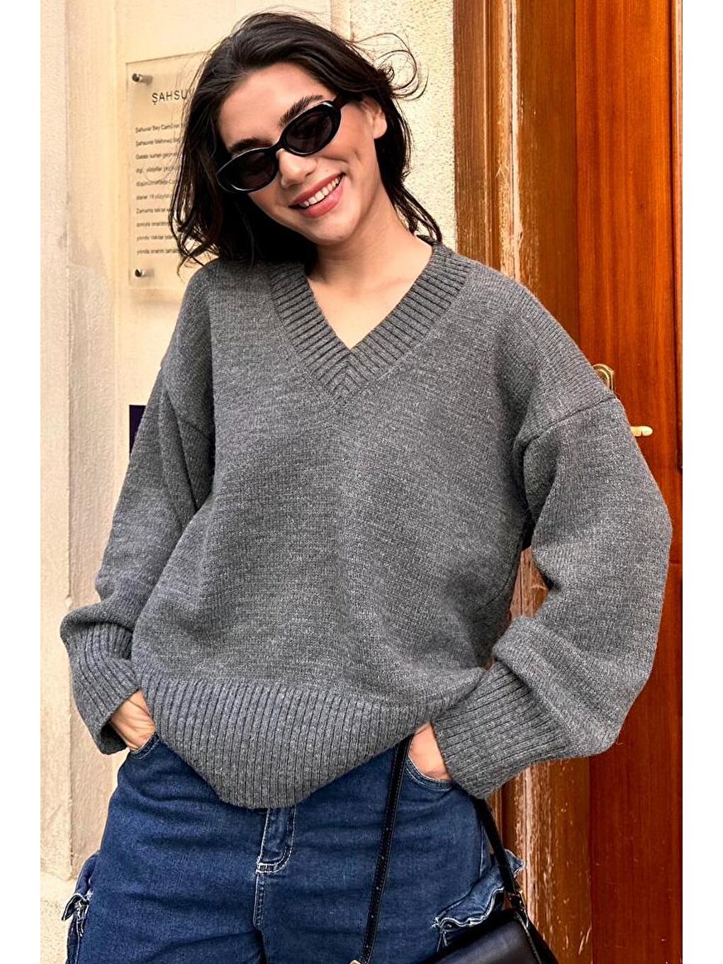 Antrasit V Yaka Oversize Kadın Triko Kazak Mg2149-5