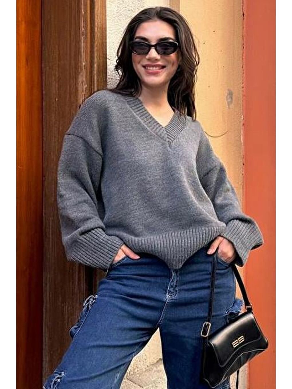 Antrasit V Yaka Oversize Kadın Triko Kazak Mg2149-6