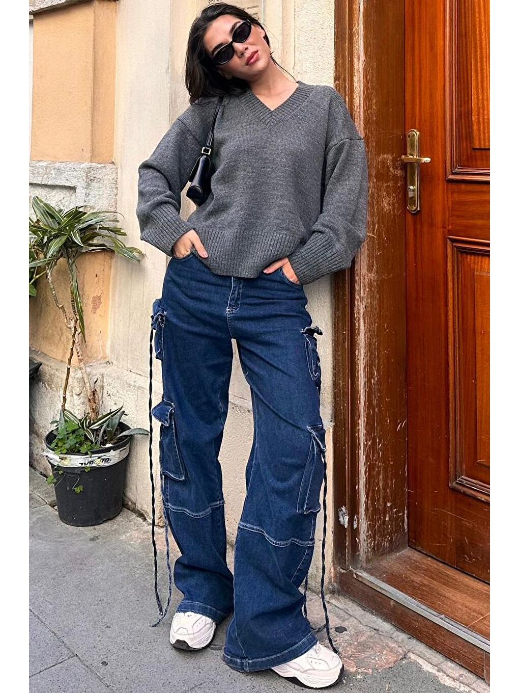 Antrasit V Yaka Oversize Kadın Triko Kazak Mg2149-7