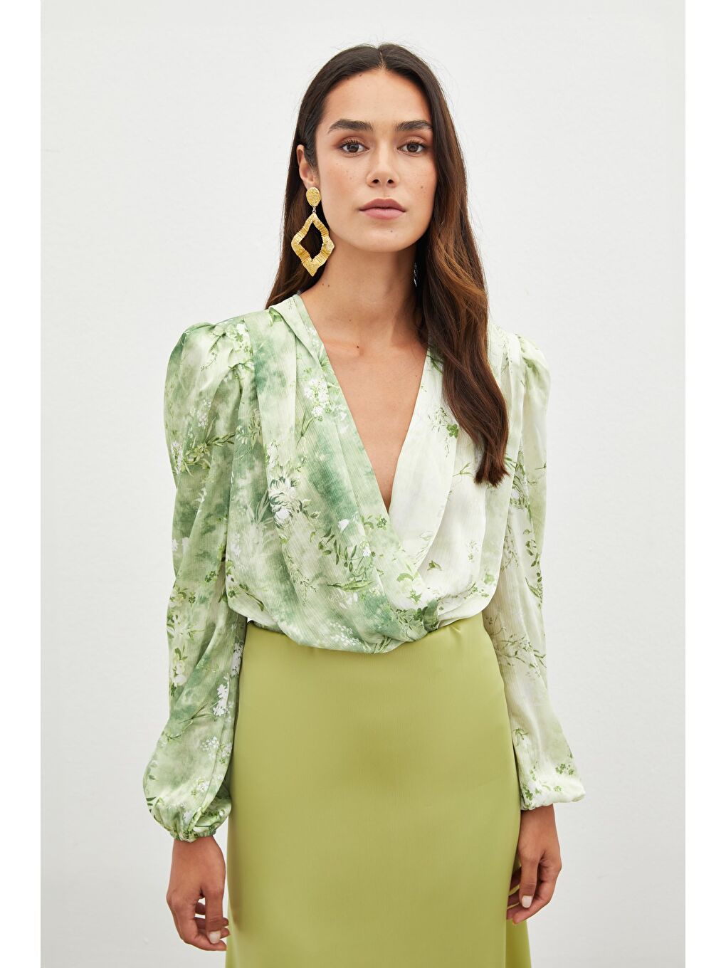Çiçek Desenli Bodysuit Bluz - Çağla Yeşili-3