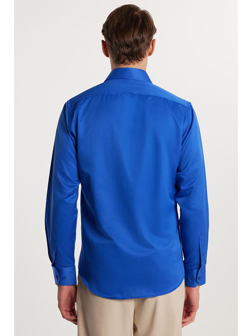 Erkek Modern Fit Dar Kesim Pamuklu Düz Saten Sax Mavi Gömlek-4