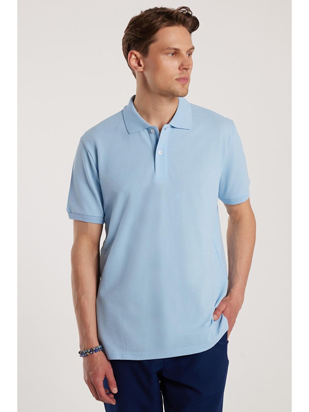 Erkek Regular Fit Klasik Kesim %100 Pamuk Düz Pike Mavi Polo Yaka Tişört