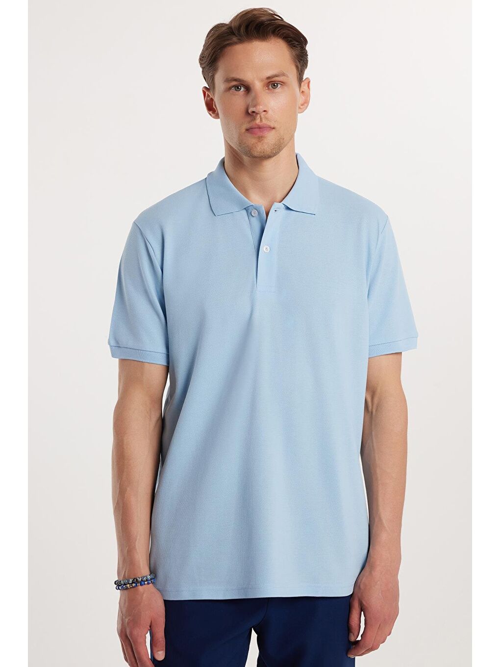 Erkek Regular Fit Klasik Kesim %100 Pamuk Düz Pike Mavi Polo Yaka Tişört-3