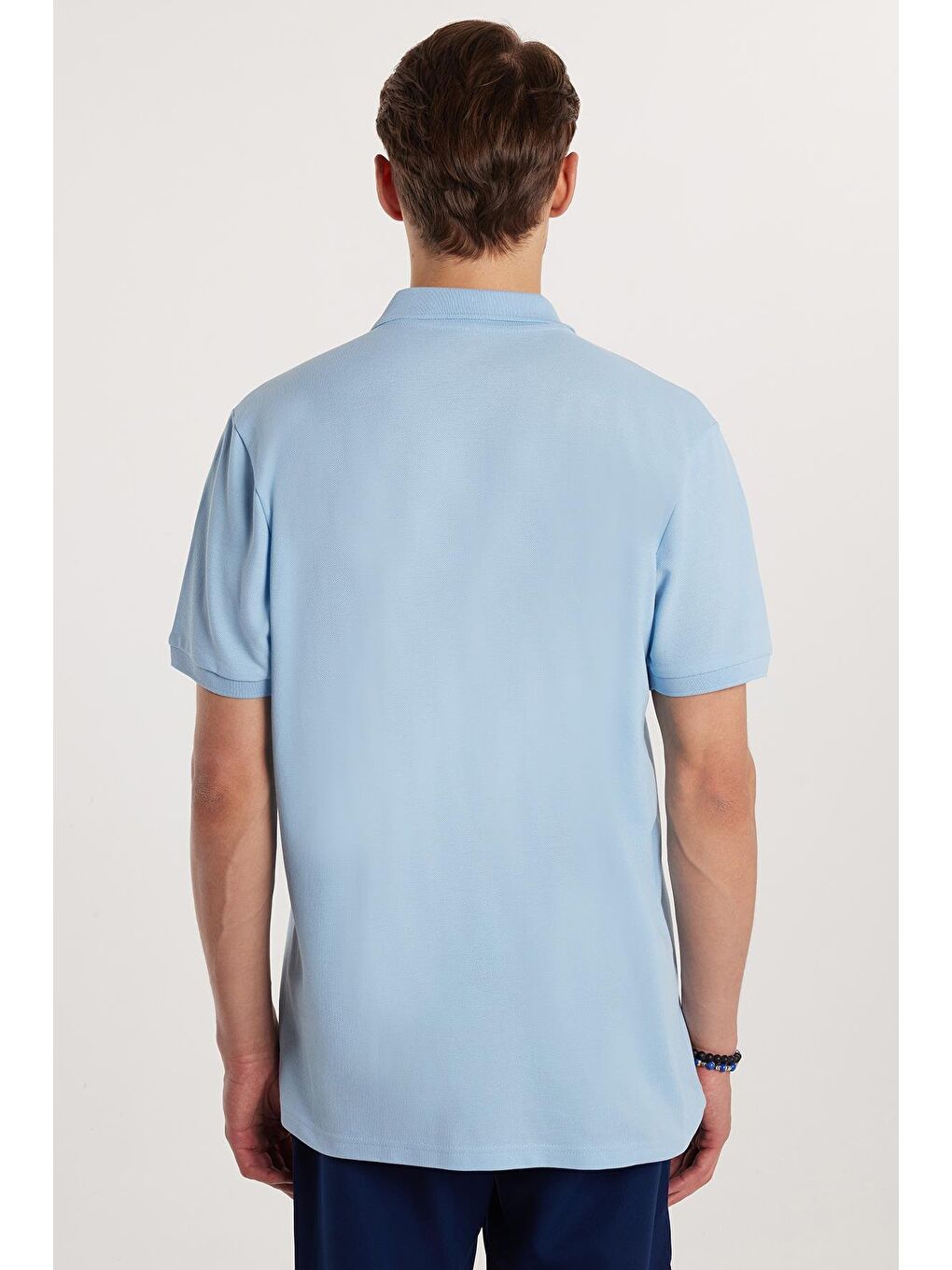 Erkek Regular Fit Klasik Kesim %100 Pamuk Düz Pike Mavi Polo Yaka Tişört-4