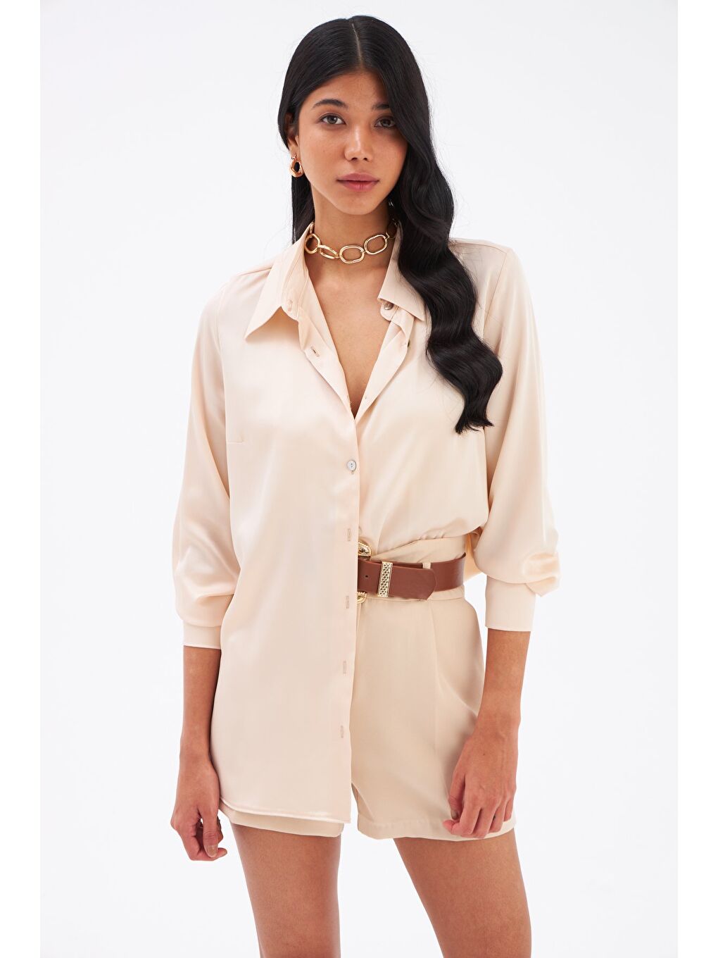 Bej Saten Gömlek - Kum-1