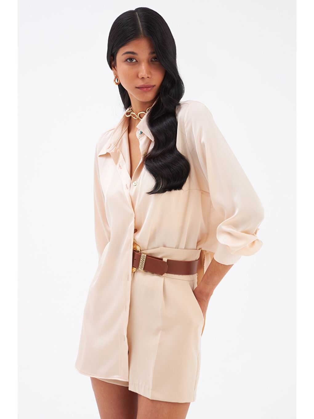 Bej Saten Gömlek - Kum-2