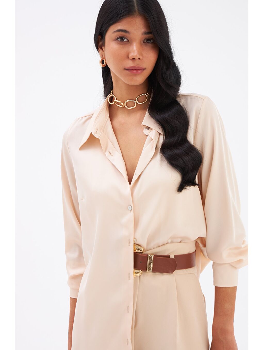 Bej Saten Gömlek - Kum-4