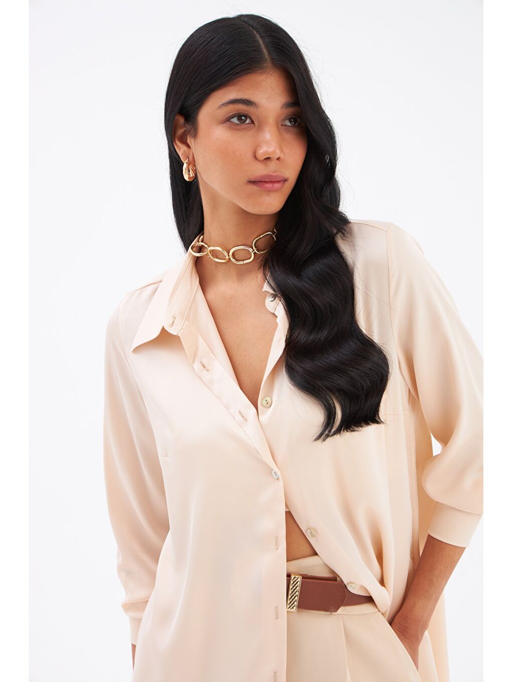 Bej Saten Gömlek - Kum-5