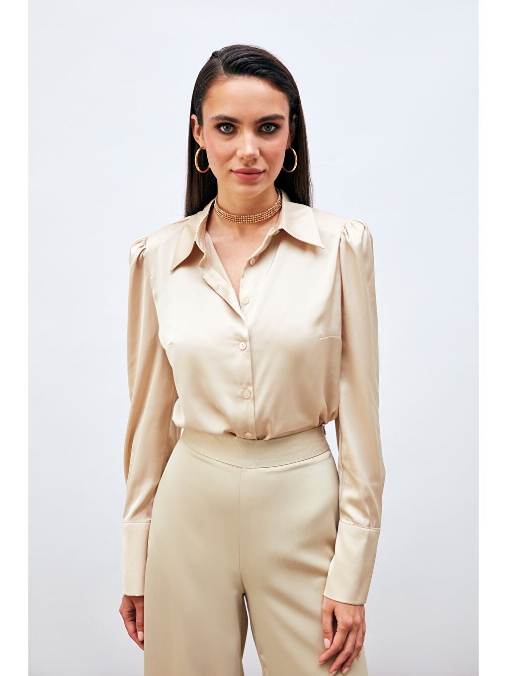 SATEEN Vatkalı Saten Gömlek - Bej
