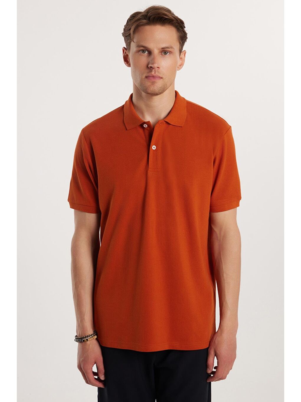 Kahverengi Erkek Regular Fit Klasik Kesim %100 Pamuk Düz Pike Kiremit Polo Yaka Tişört-3