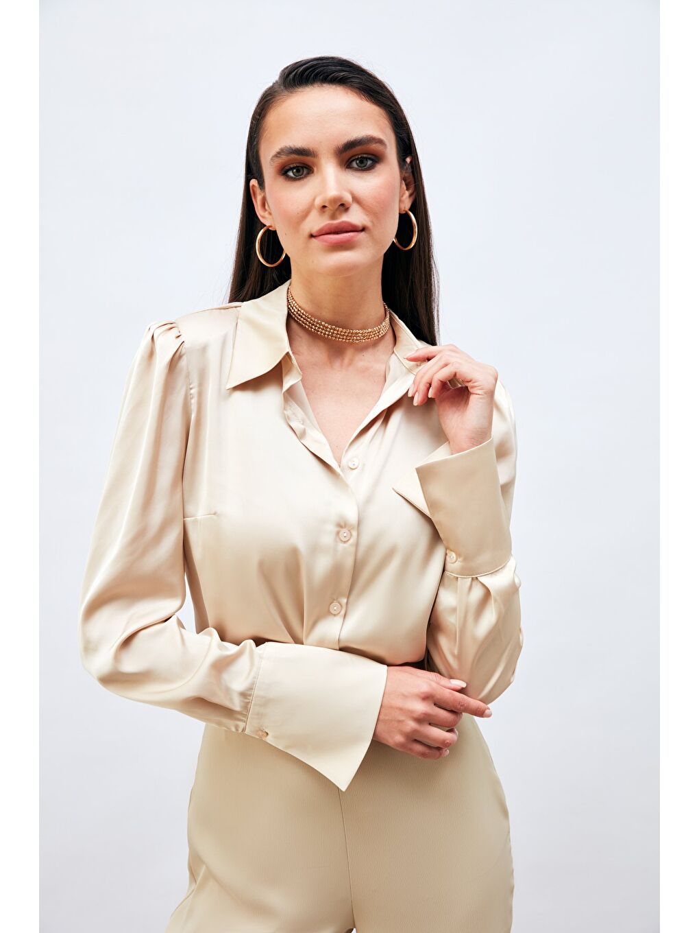 SATEEN Vatkalı Saten Gömlek - Bej - 1