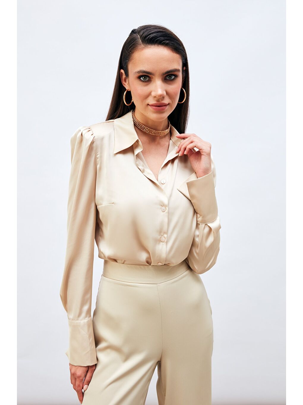 SATEEN Vatkalı Saten Gömlek - Bej - 3